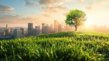 Illustration modern city buildings with zero carbon emissions with green plants. AI generated image