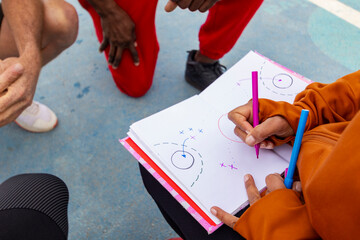 Close-up view of a coach's hands drawing a play on a basketball strategy board during a streetball session with players huddled around