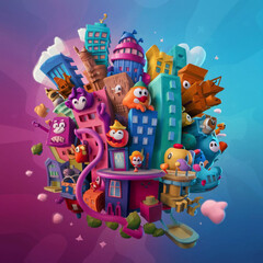 Naklejka premium Cartoon Cityscape in 3D