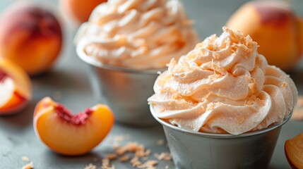   A close-up of an ice cream cup with peaches surrounding it and a few peaches on the side