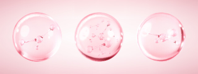 Molecules inside bubbles on pink background. Collagen serum bubble. Cosmetic essence. Concept skin care cosmetics solution. Vector 3d illustration