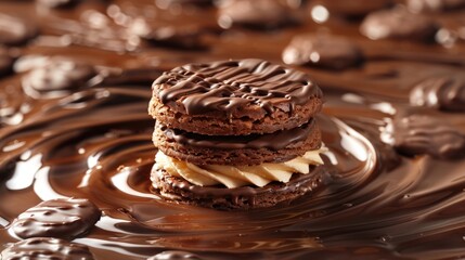 Delicious chocolate cookies with glaze on table, - obrazy, fototapety, plakaty