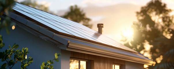 A detail of the solar elektric pannels on the roof at house, Modern and low energy concept of the...