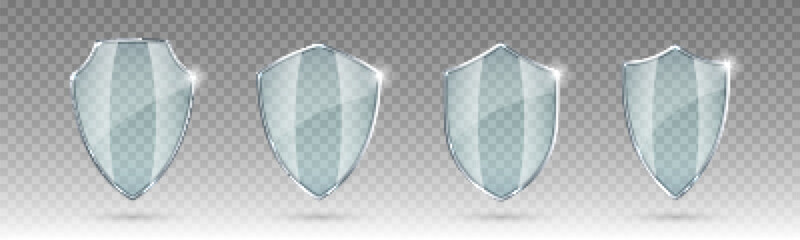 Set of glass shields. Protected guard shield concept. Safety badge icon. Privacy banner shield. Security safeguard label. Realistic vector illustration