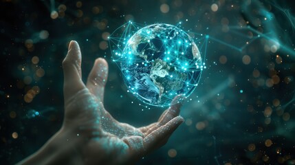 Businessman hand holding globe with digital network connection. AI generated image