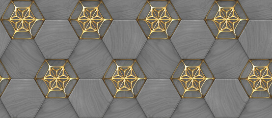 3D hexagon made of black painted wood with gold grid decor