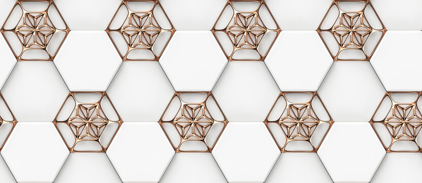 3D hexagon made of white painted wood with red gold grid decor