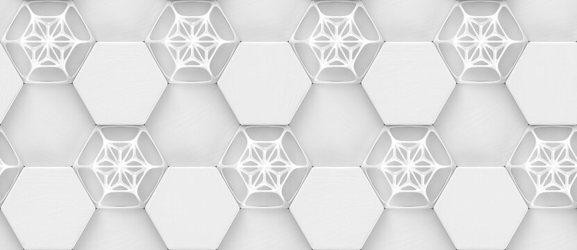 3D hexagon made of white painted wood with white grid decor