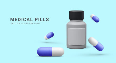 3d realistic jar with capsules pills on blue background. Medical banner, advertising poster for hospital, pharmacies or pharmaceutical company. Vector illustration