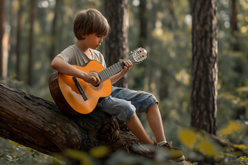 Cute boy with Down syndrome plays the guitar.