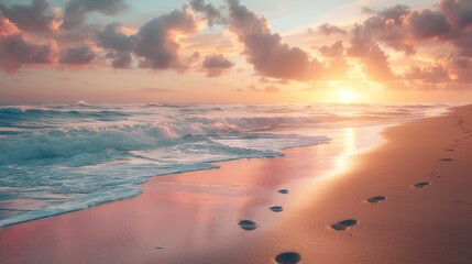 Tranquil sunset beach with pastel sky, calm waves, realistic art, footprints in sand, long exposure