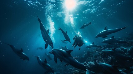 Fototapeta na wymiar Twilight dive marine biologist swimming with dolphins in high resolution underwater image