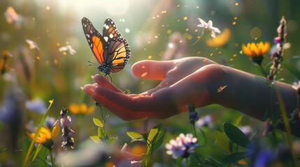 Beautiful insect butterfly on the hand woman in outdoor park meadow at sunny. AI generated image - obrazy, fototapety, plakaty