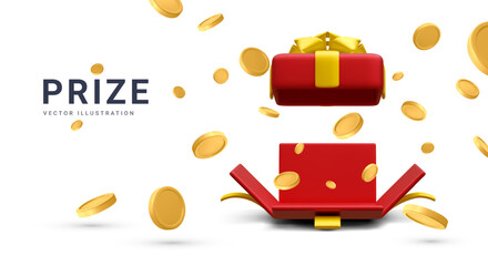 3d realistic open gift box and falling gold coins.  Concept for cryptocurrency bonus. You win prize. Vector illustration