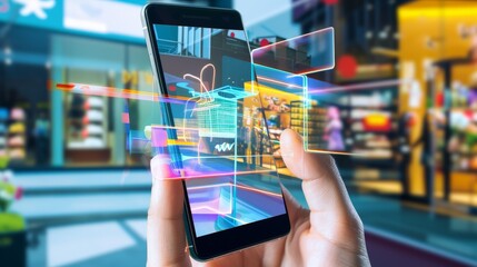 A picture of a smartphone that uses augmented reality to create virtual hologram stores where customers can select and purchase products by interacting with the holograms through their device. --no