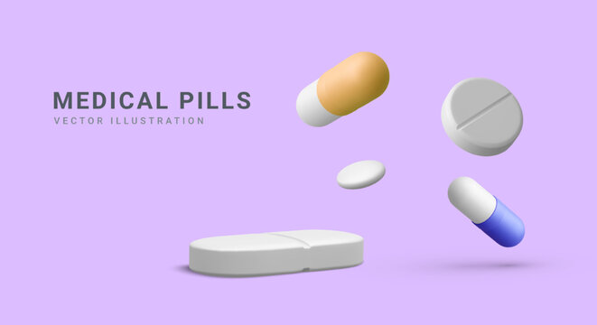 3d realistic pills in diferent position on blue background. Medical banner, advertising poster for hospital, pharmacies or pharmaceutical company. Vector illustration