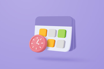 3d calendar marked date and time for reminder day in purple background. Calendar with clock for schedule appointment, event day, holiday planning. 3d alarm clock icon vector render illustration