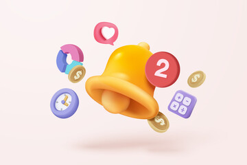 3D minimal notification bell icon with bubble speech floating around on pastel background. new alert concept for social media element. 3d bell alarm icon for message vector render illustration