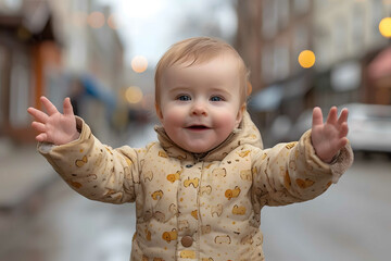 baby on the street looking for a hug - obrazy, fototapety, plakaty