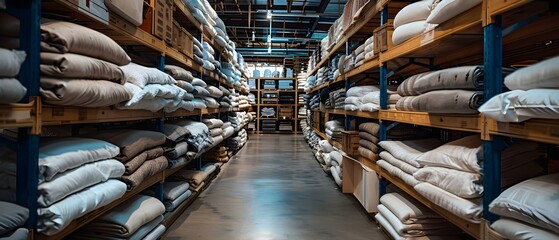 Home Textiles Inventory Ready for Retail Distribution. Concept Wholesale Suppliers, Quality Fabrics, Inventory Management, Retail Strategy, Shipping Logistics - obrazy, fototapety, plakaty