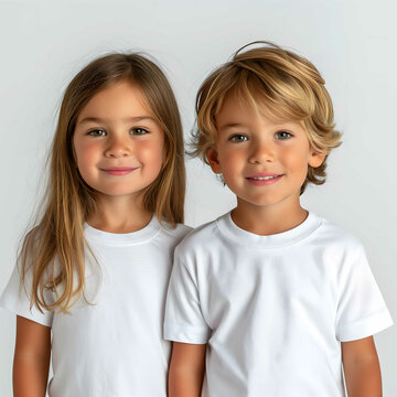 Little cute boy and girl child kid baby wearing white shirt clothes isolated on white background, children studio portrait for advertising photography.