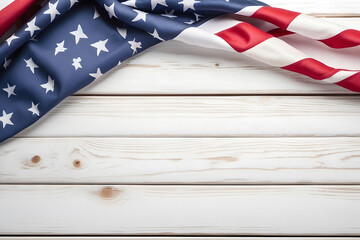 Happy Memorial Day concept featuring an American flag on a white wooden background.
