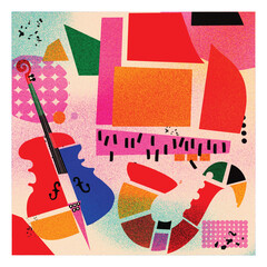 Modern music poster with abstract and minimalistic musical instruments assembled from colorful geometric forms and shapes. Vibrant musical collage.