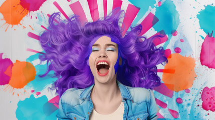 Creative composite artwork featuring an overjoyed woman with vibrant purple hair and colorful...