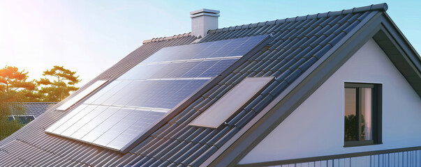 A detail of the solar elektric pannels on the roof at house, Modern and low energy concept of the...