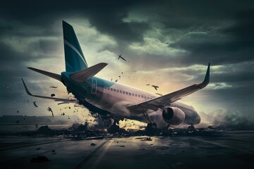 Fototapeta na wymiar Catastrophic airplane crash scene illustrates aviation disaster aftermath