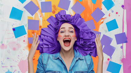 Vibrant and creative composite photo collage featuring an overjoyed woman with purple hair, set...