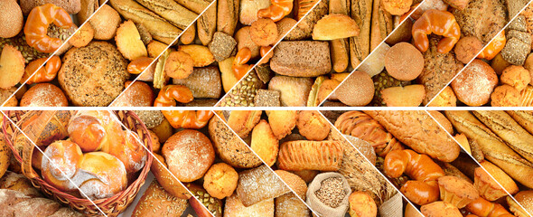 Panoramic set of fresh bread products. - 775391087