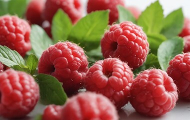 A pile of raspberries with leaves, a nutritious superfood
