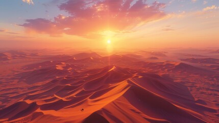 Aerial sunrise over sahara with detailed camel silhouette on vast undulating dunes