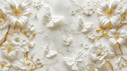 white butterflies on white with gold tint flowers painted with oil