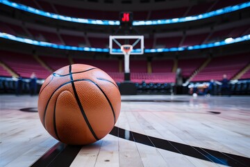 Basketball ball on court in vacant arena awaiting players