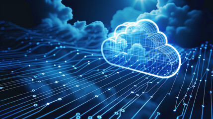 Illustration of a cloud on blue digital network lines - cloud computing concept