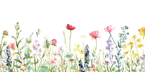 Fotobehang watercolor flowers field border background © TINA