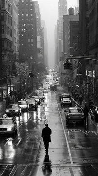 Fototapeta Black and white photo of a rainy day in New York City, featuring a lone pedestrian and reflections on wet streets.