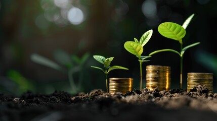 pile of coins with plants , investment concept, save money - obrazy, fototapety, plakaty