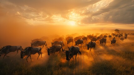 Serengeti wildebeest migration  natural spectacle at dusk with moving masses and dust clouds - obrazy, fototapety, plakaty