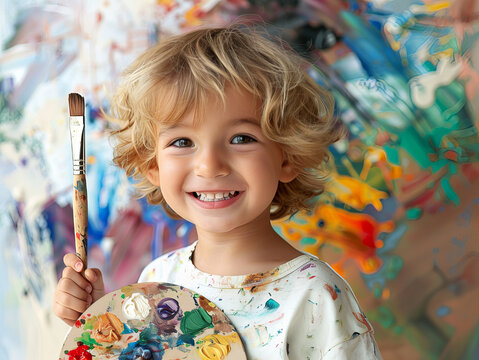 A portrait of the smile and happynies kid with color paint pallet, brush and many colors.
