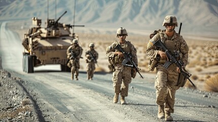 A group of soldiers in tactical gear walks down the road with weapons at the ready, followed by military equipment. Desert landscape. - obrazy, fototapety, plakaty