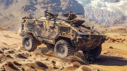 Military armored vehicles in the desert. In the background is a sandy landscape with low hills and sparse vegetation. The powerful engine plays music at full speed.