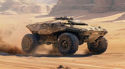 Military armored vehicles in the desert. In the background is a sandy landscape with low hills and sparse vegetation. The powerful engine plays music at full speed.