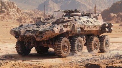 Military armored vehicles in the desert. In the background is a sandy landscape with low hills and sparse vegetation. The powerful engine plays music at full speed.