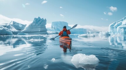 Adventurous person kayaking among breathtaking icebergs in a serene icy landscape - obrazy, fototapety, plakaty