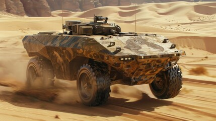 Military armored vehicles in the desert. In the background is a sandy landscape with low hills and sparse vegetation. The powerful engine plays music at full speed.