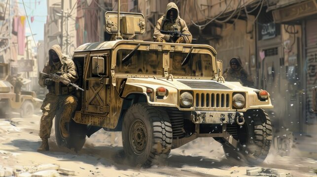 A military vehicle with soldiers on board drives down a city street in battle. A military humvee with two hooded figures sitting inside, in the desert.