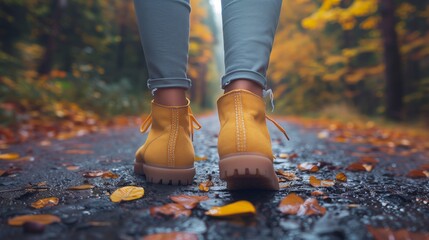 Person in yellow boots walking on leafcovered path